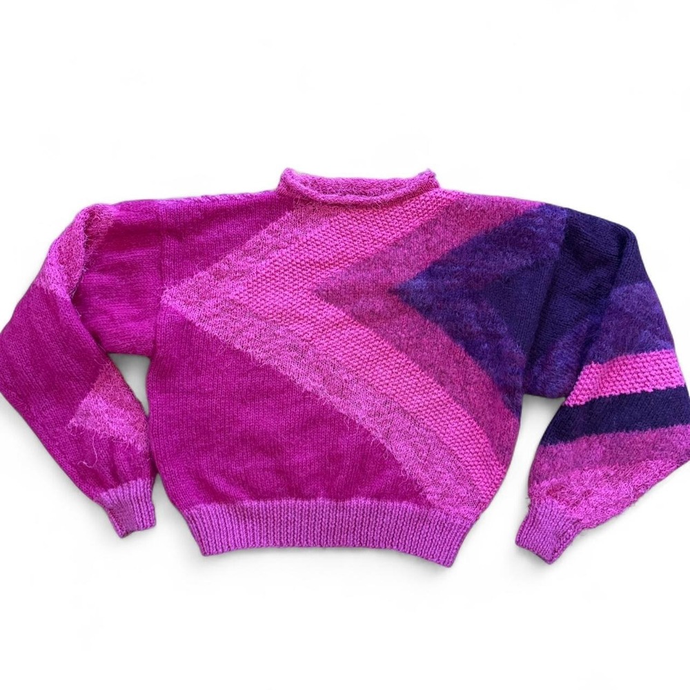 Vintage Parisian Pink Purple Mixed Texture Knit Cropped Sweater Womens Medium
